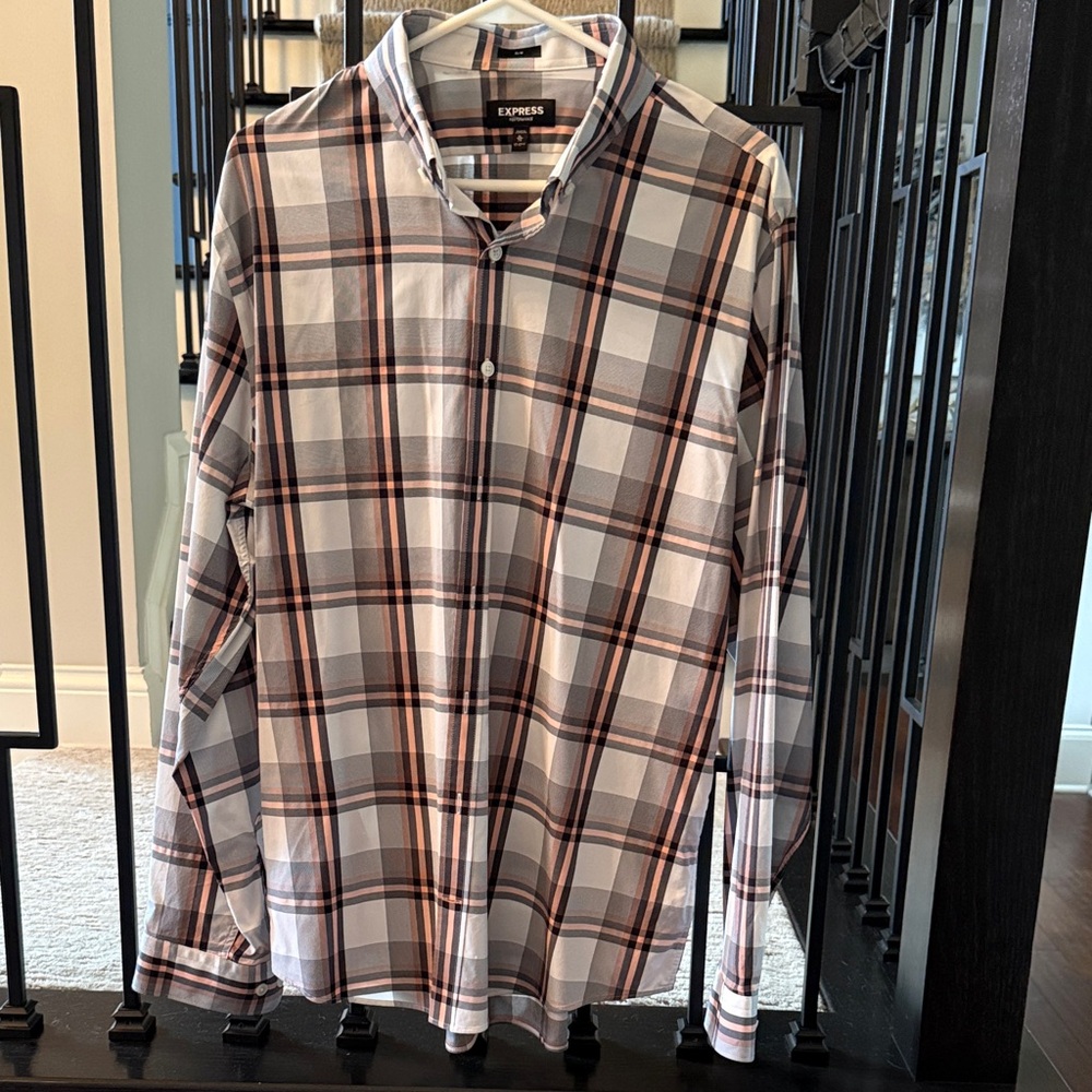 Express Men's Casual Slim Fit Plaid Shirt - Black, White, Coral